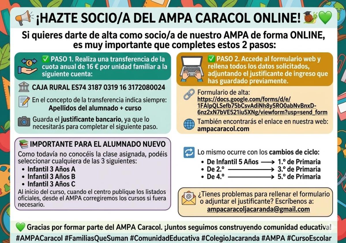 📢 ¡ATENCIÓN JACARANDEÑOS EN LAS ALTAS DE SOCIO/AS DEL AMPA CARACOL OPCIÓN ONLINE!&nbsp;🐌💚